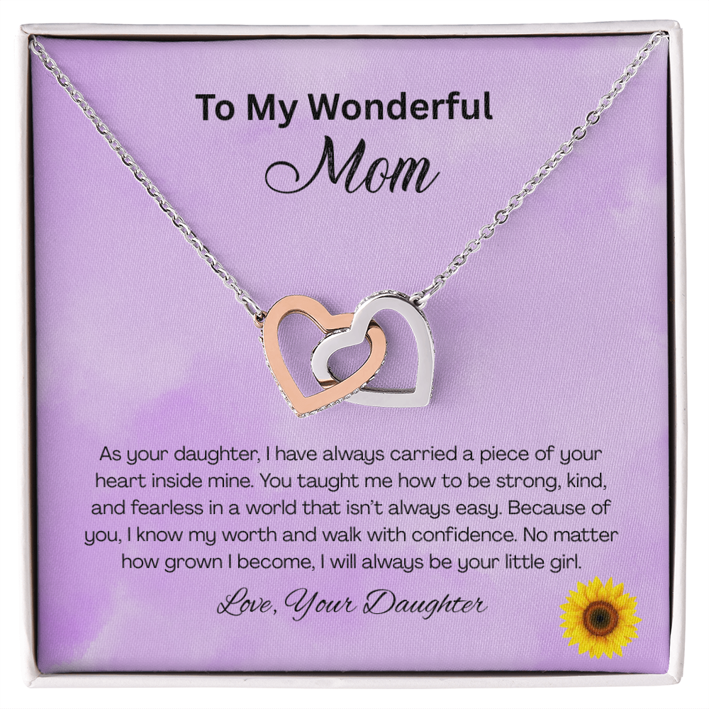 Interlocking hearts necklace for mom from daughter with cubic zirconia crystals, double heart pendant in rose gold and polished steel on message card gift box – sentimental birthday or Mother’s Day jewelry gift