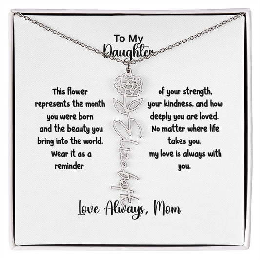 Personalized birth flower name necklace with custom cursive name pendant and floral design on silver chain, displayed in white gift card with "To My Daughter" message from mom, featuring adjustable cable chain and stainless steel or gold finish, handmade in USA