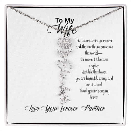 Personalized birth flower name necklace for wife featuring a custom cursive name and floral design on an adjustable chain, romantic jewelry gift made in the USA