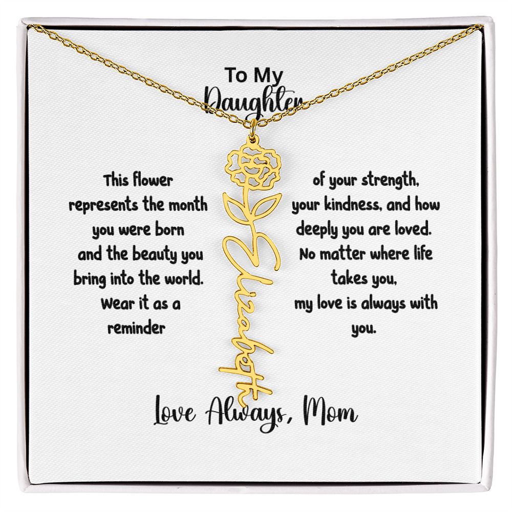 Personalized Birth Flower Name Necklace for Daughter | Custom Floral Jewelry Gift | Stainless Steel; 18K Gold | Made in USA