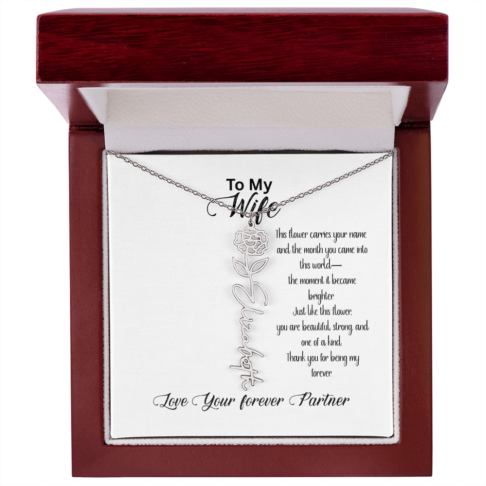 Personalized Birth Flower Name Necklace for Wife– Custom Floral Name Jewelry | Made in USA