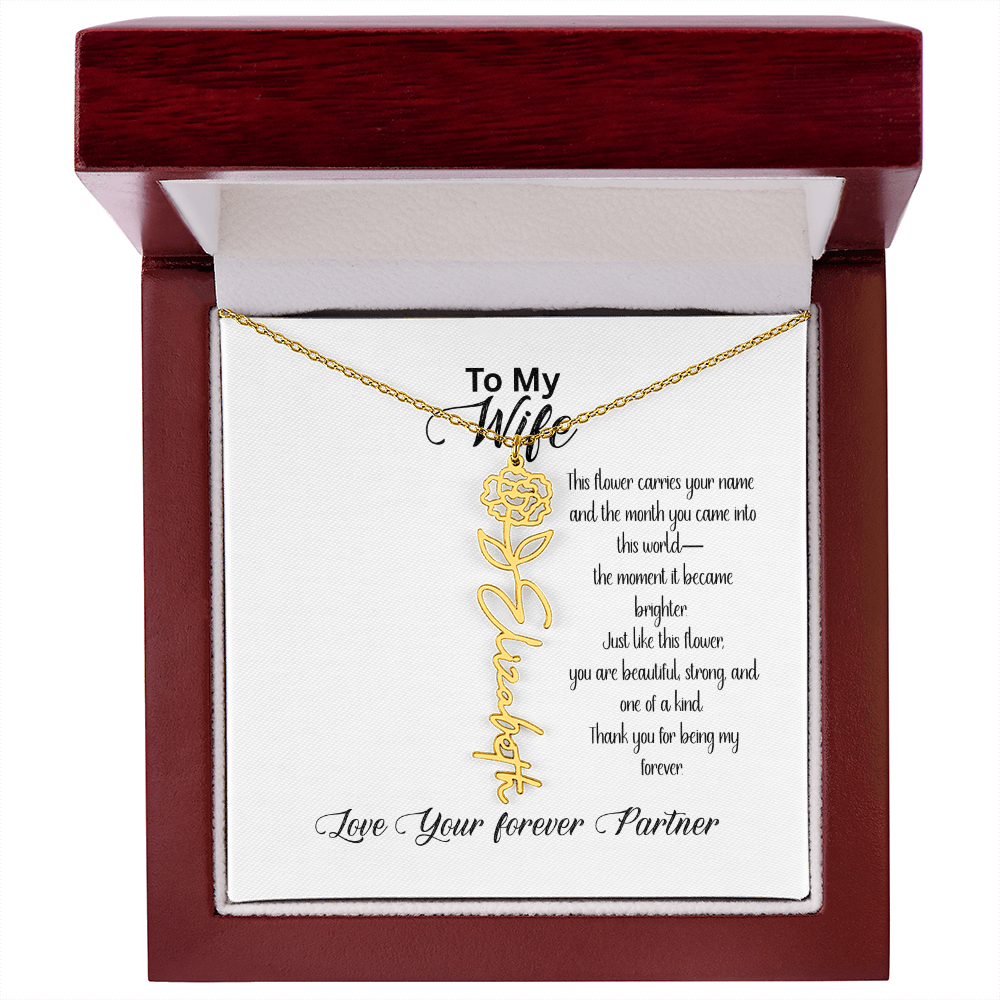 Personalized Birth Flower Name Necklace for Wife– Custom Floral Name Jewelry | Made in USA