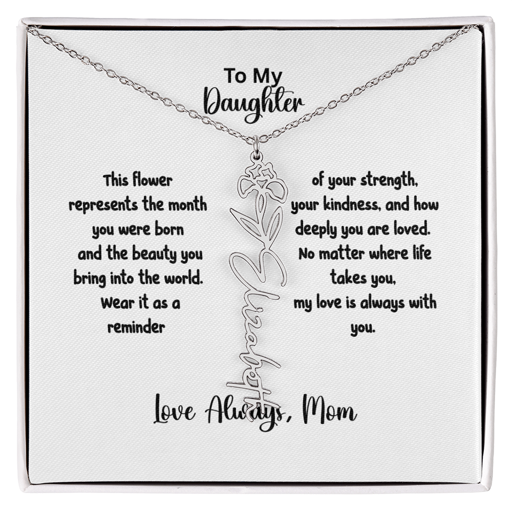 Personalized Birth Flower Name Necklace for Daughter | Custom Floral Jewelry Gift | Stainless Steel; 18K Gold | Made in USA