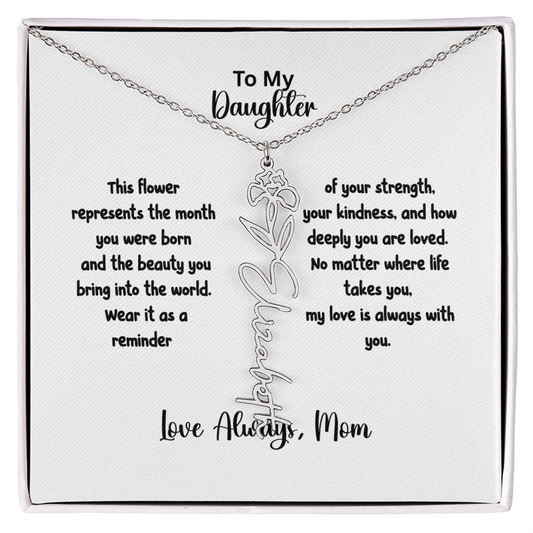 Personalized Birth Flower Name Necklace for Daughter | Custom Floral Jewelry Gift | Stainless Steel; 18K Gold | Made in USA