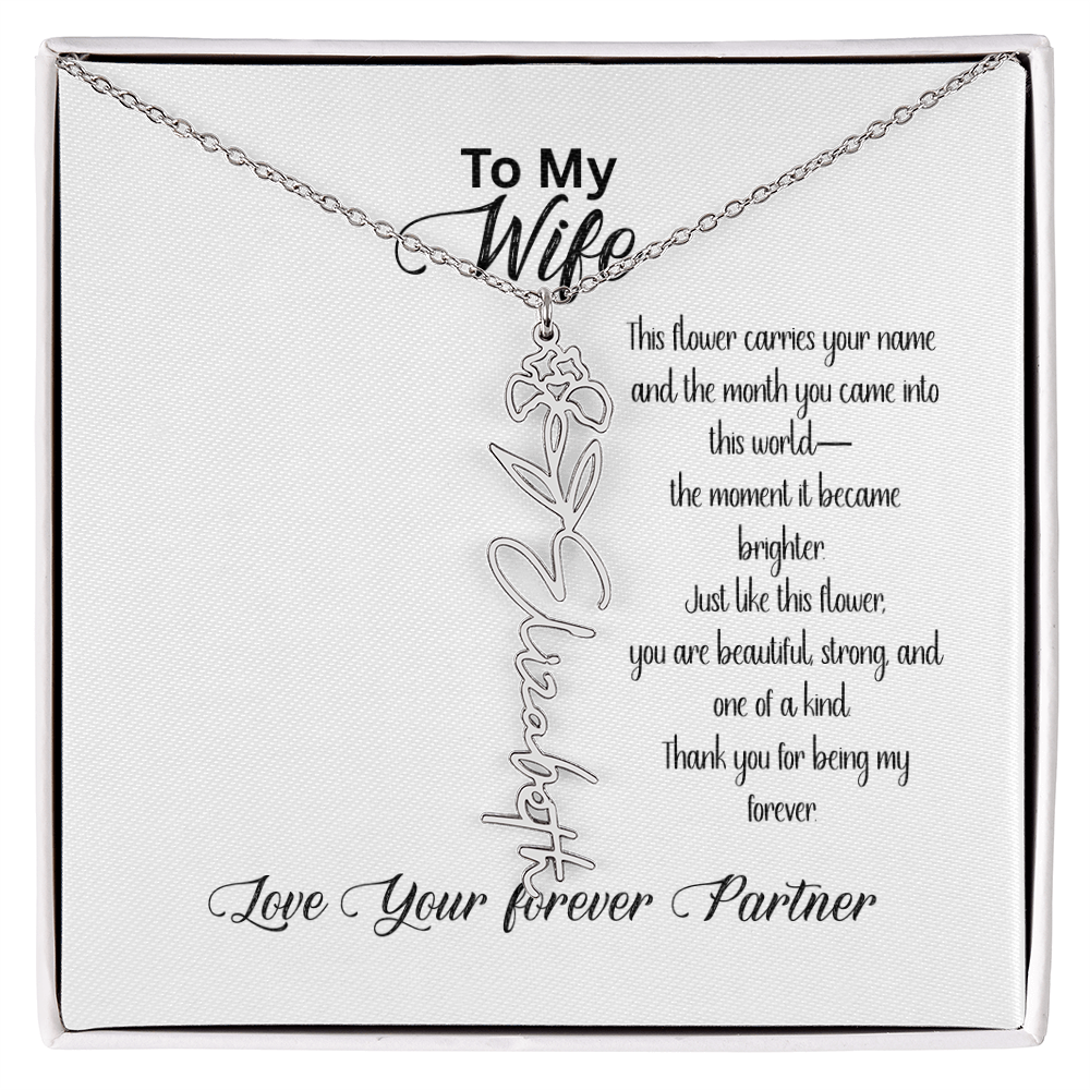 Personalized Birth Flower Name Necklace for Wife– Custom Floral Name Jewelry | Made in USA