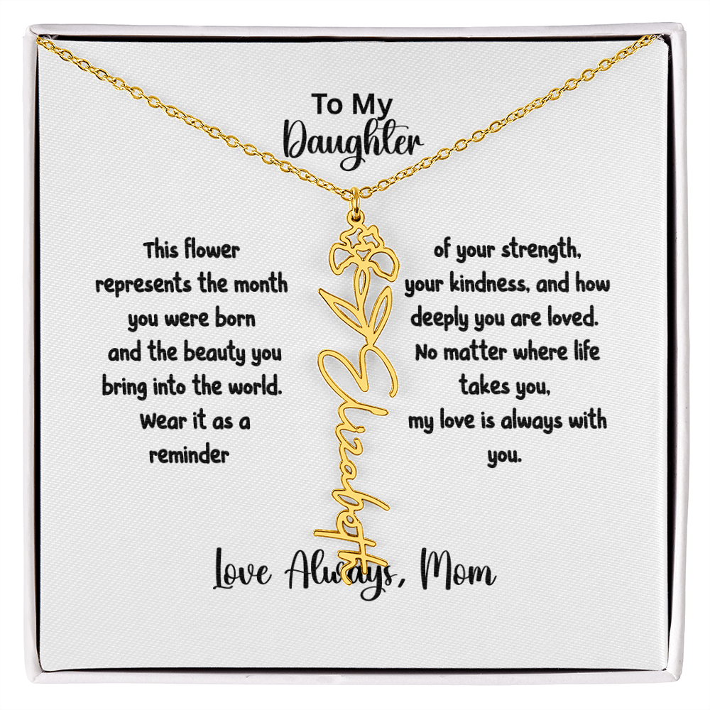 Personalized Birth Flower Name Necklace for Daughter | Custom Floral Jewelry Gift | Stainless Steel; 18K Gold | Made in USA