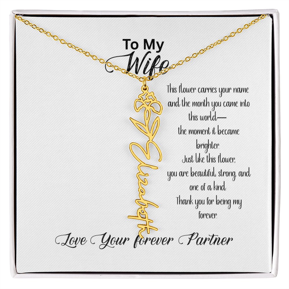 Personalized Birth Flower Name Necklace for Wife– Custom Floral Name Jewelry | Made in USA