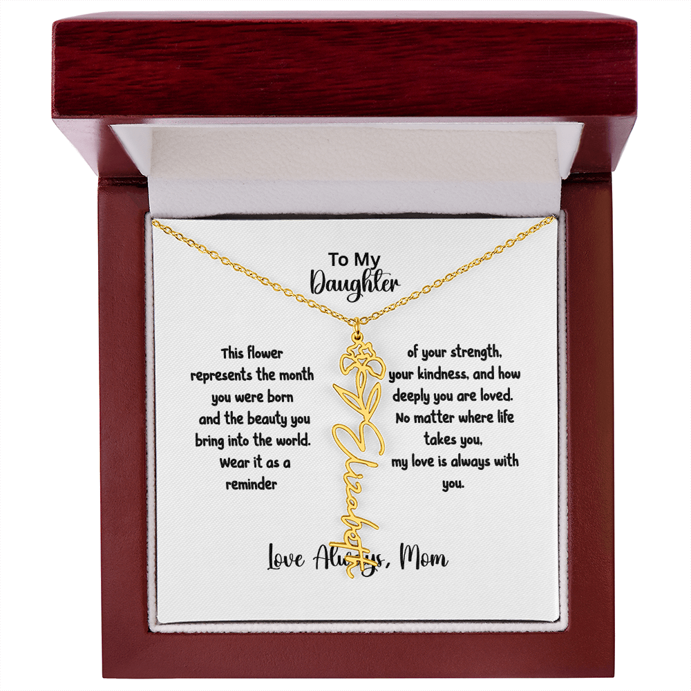 Personalized Birth Flower Name Necklace for Daughter | Custom Floral Jewelry Gift | Stainless Steel; 18K Gold | Made in USA