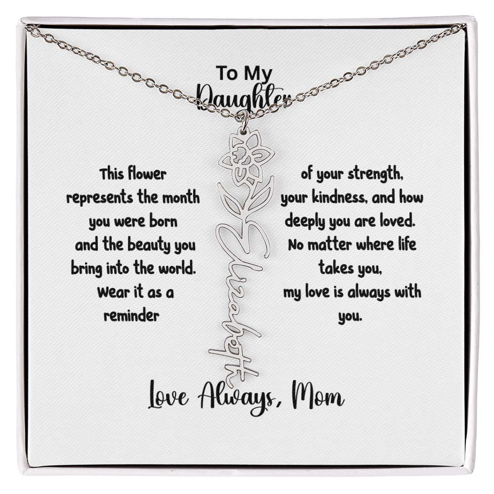 Personalized Birth Flower Name Necklace for Daughter | Custom Floral Jewelry Gift | Stainless Steel; 18K Gold | Made in USA