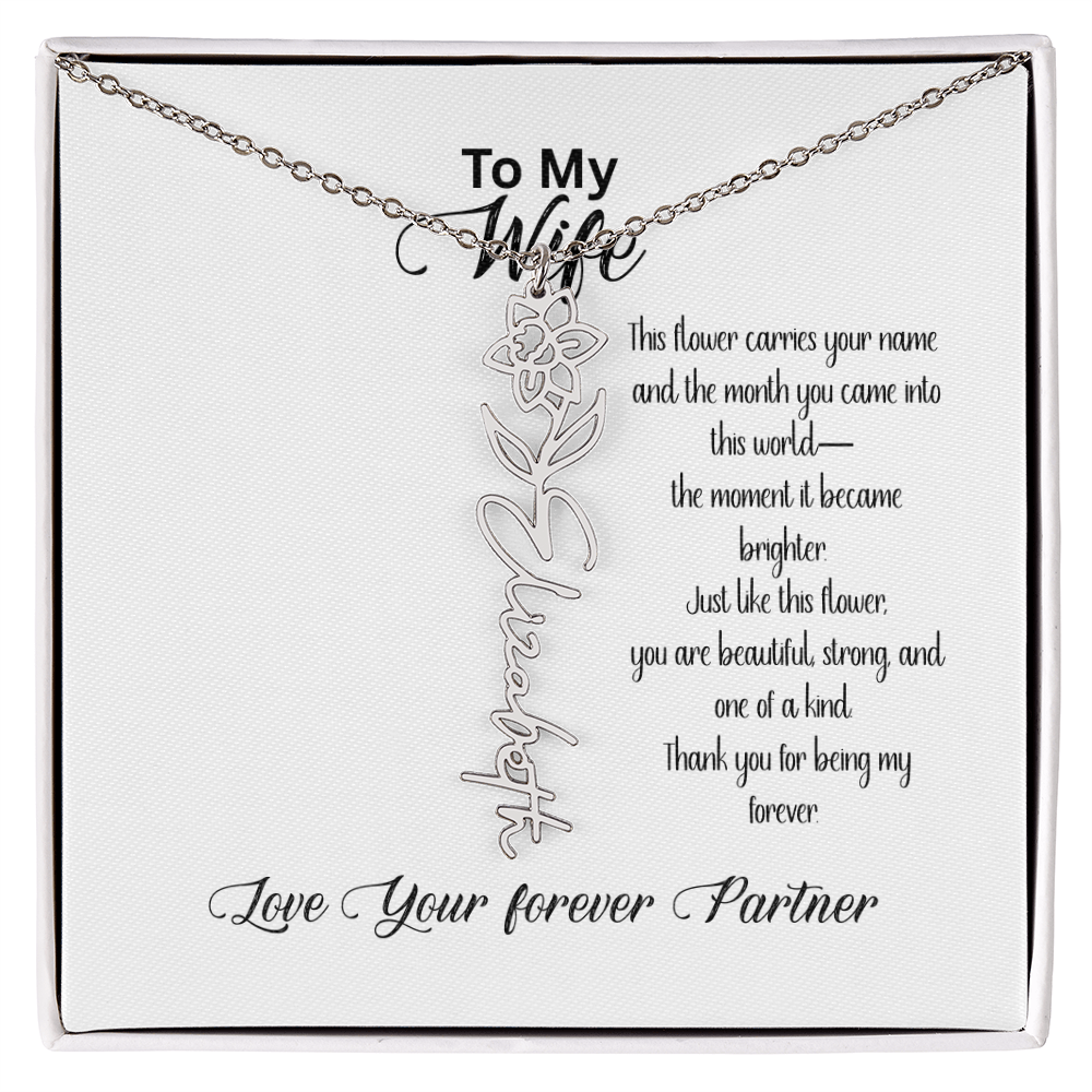 Personalized Birth Flower Name Necklace for Wife– Custom Floral Name Jewelry | Made in USA