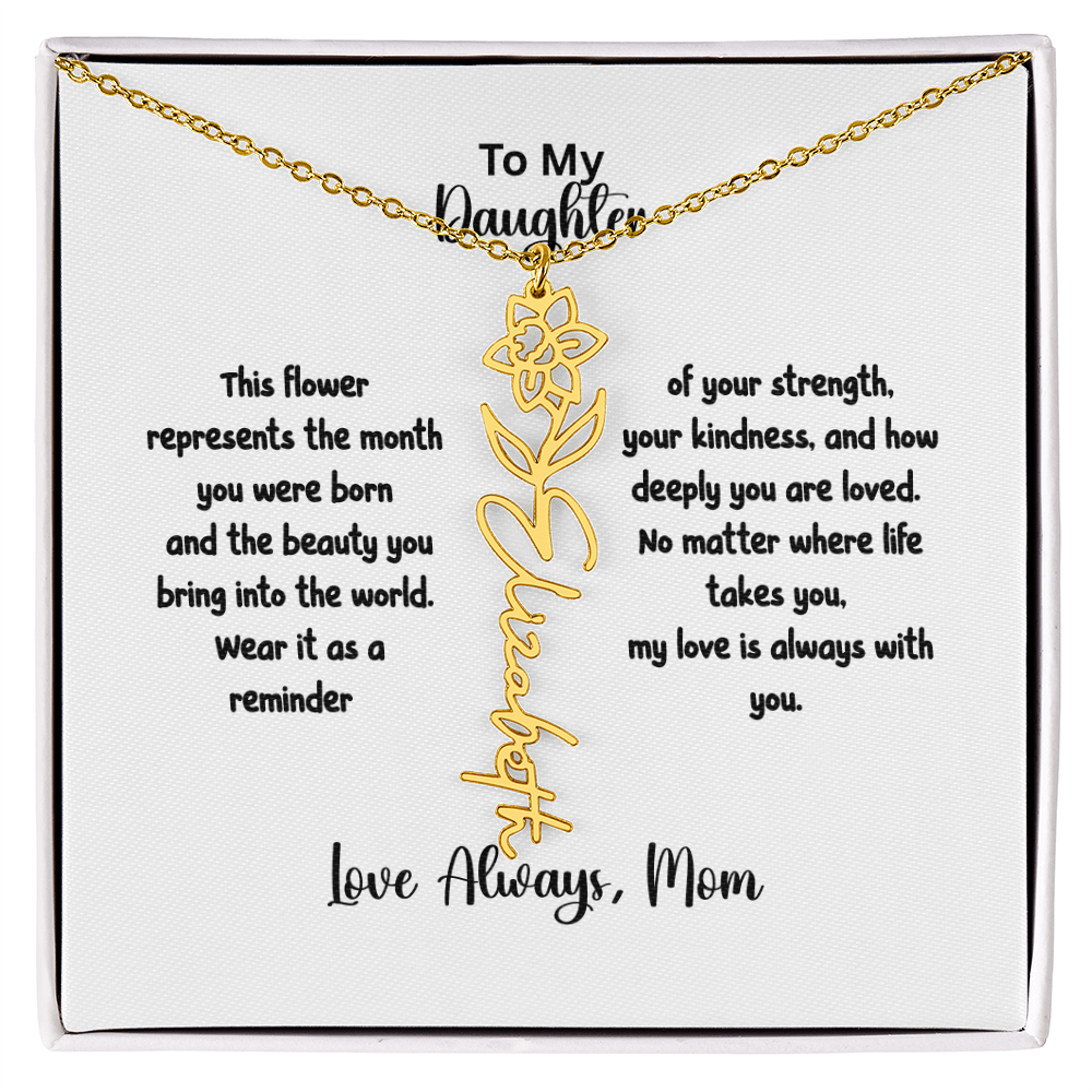 Personalized Birth Flower Name Necklace for Daughter | Custom Floral Jewelry Gift | Stainless Steel; 18K Gold | Made in USA