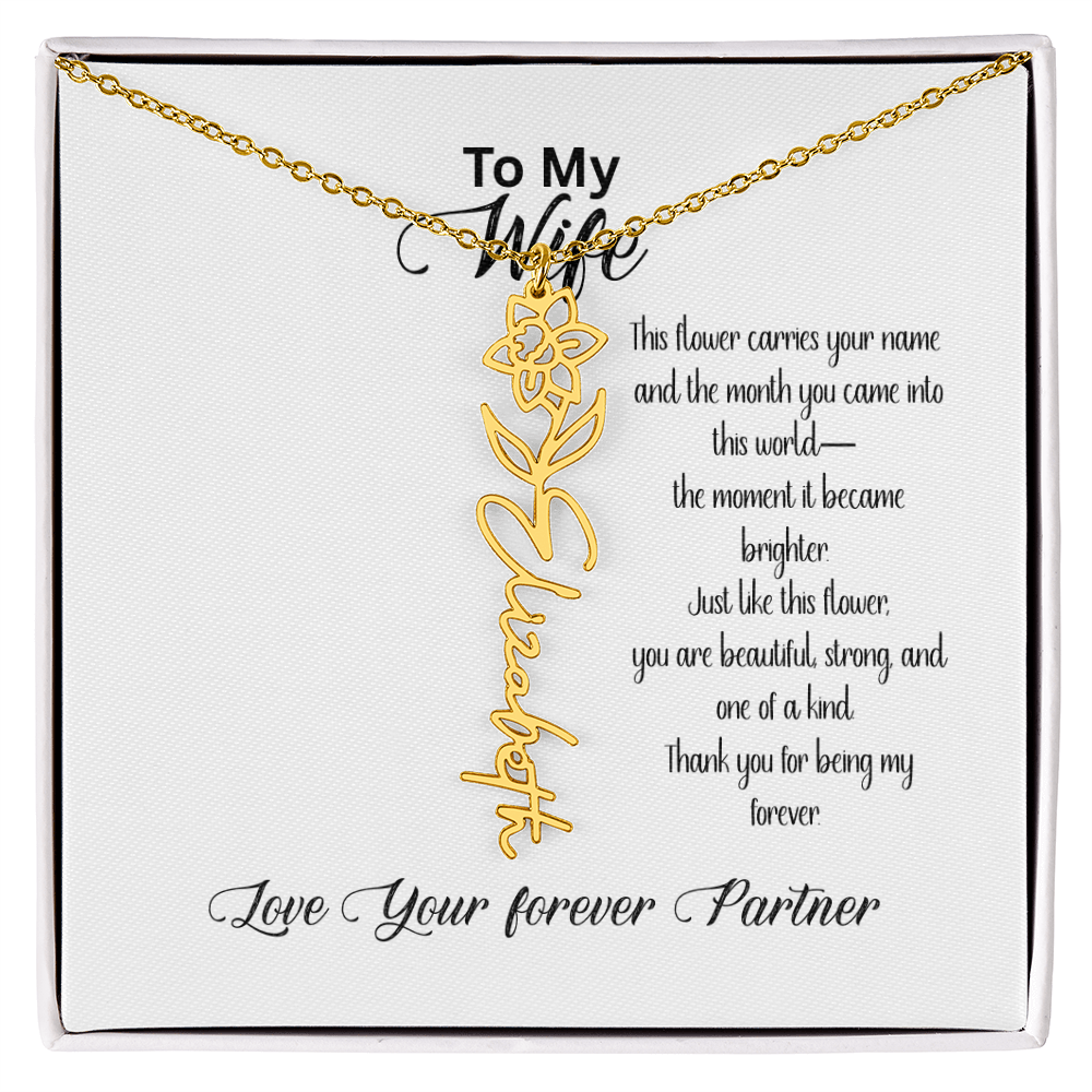 Personalized Birth Flower Name Necklace for Wife– Custom Floral Name Jewelry | Made in USA