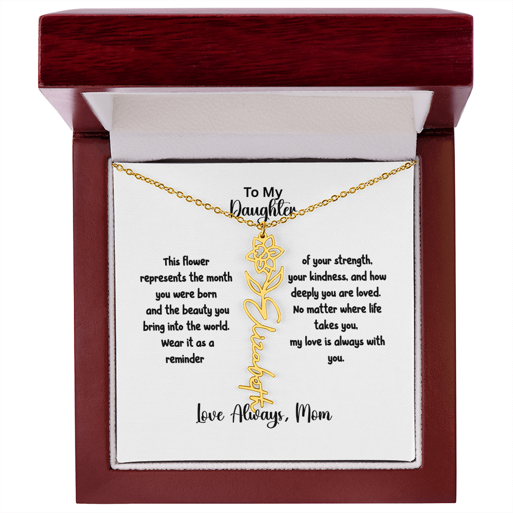 Personalized Birth Flower Name Necklace for Daughter | Custom Floral Jewelry Gift | Stainless Steel; 18K Gold | Made in USA