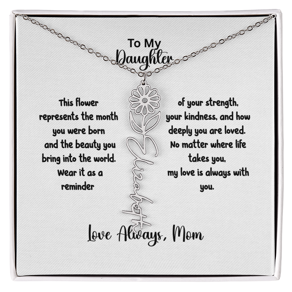 Personalized Birth Flower Name Necklace for Daughter | Custom Floral Jewelry Gift | Stainless Steel; 18K Gold | Made in USA