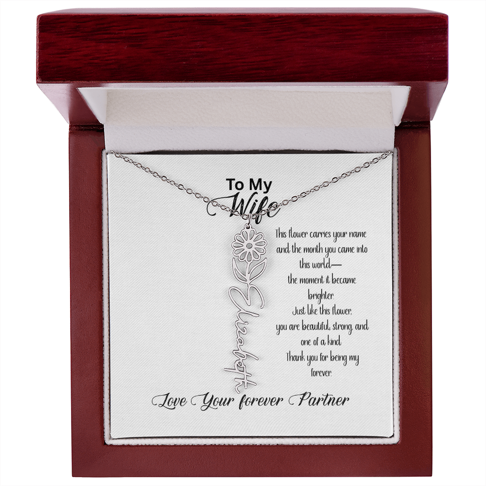 Personalized Birth Flower Name Necklace for Wife– Custom Floral Name Jewelry | Made in USA