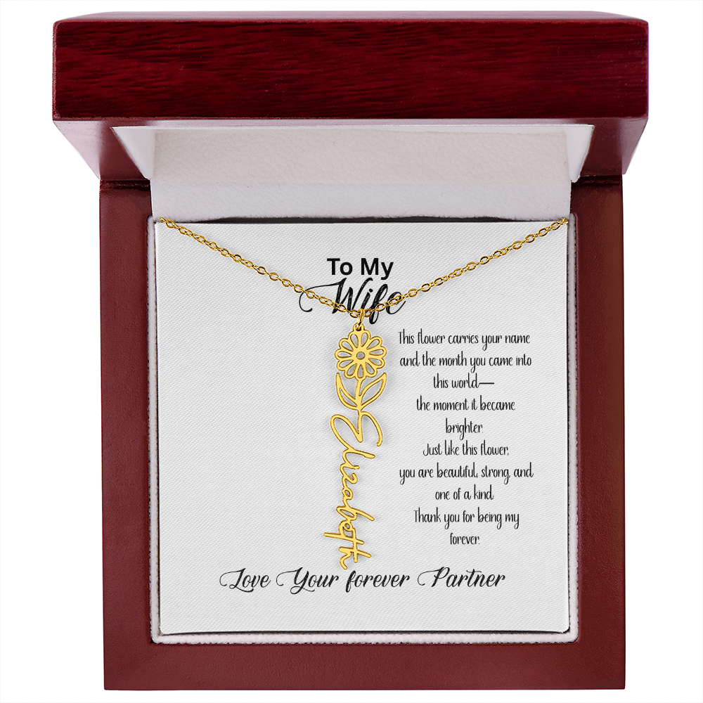 Personalized Birth Flower Name Necklace for Wife– Custom Floral Name Jewelry | Made in USA