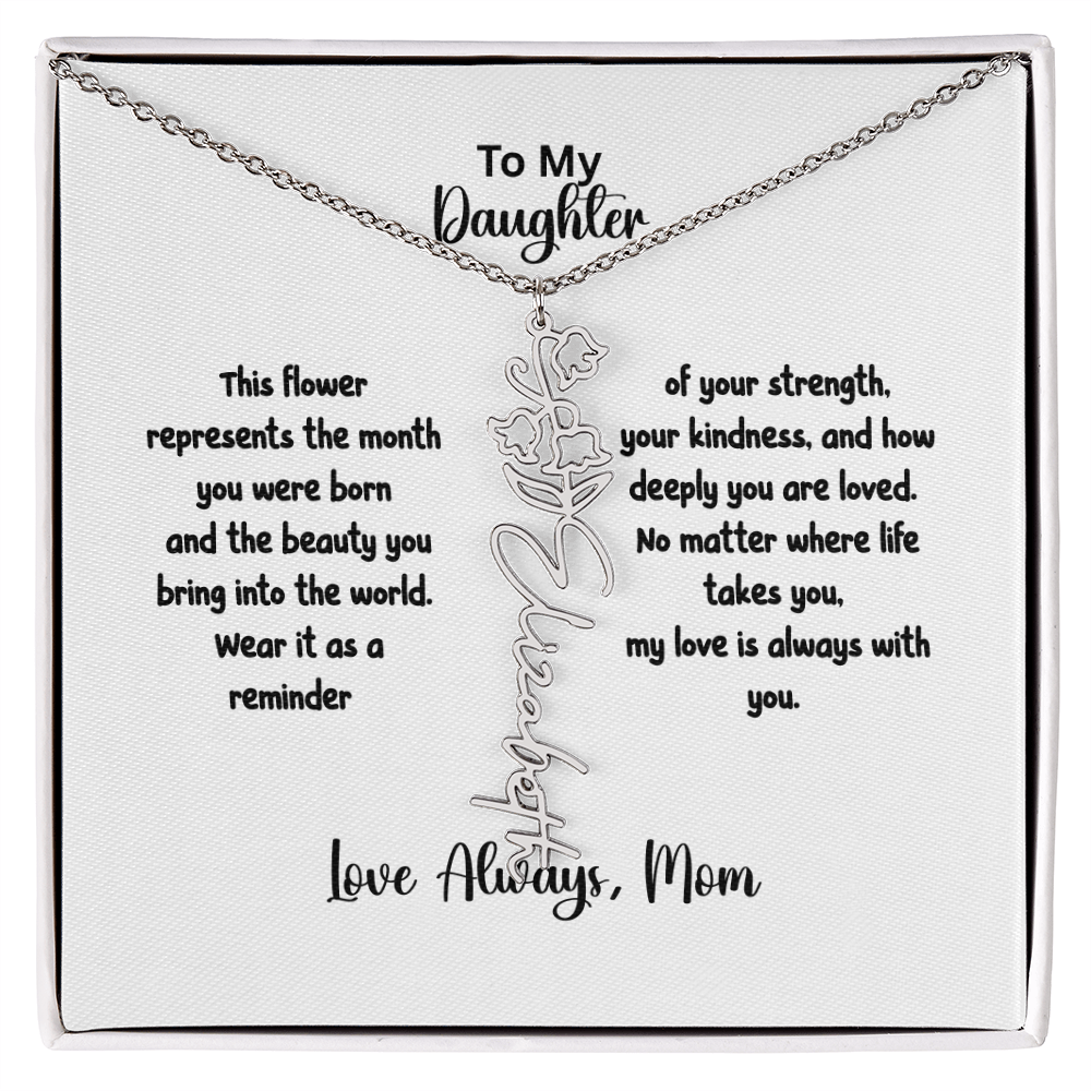 Personalized Birth Flower Name Necklace for Daughter | Custom Floral Jewelry Gift | Stainless Steel; 18K Gold | Made in USA