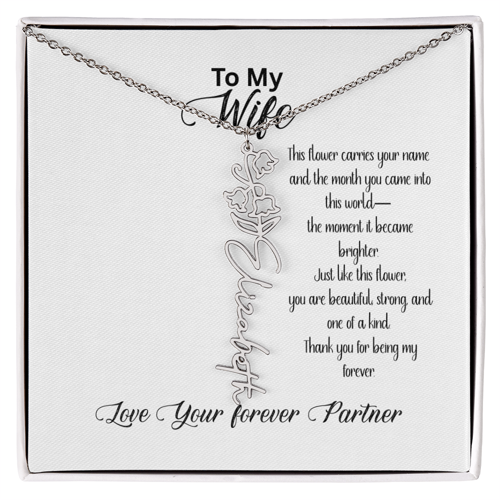 Personalized Birth Flower Name Necklace for Wife– Custom Floral Name Jewelry | Made in USA