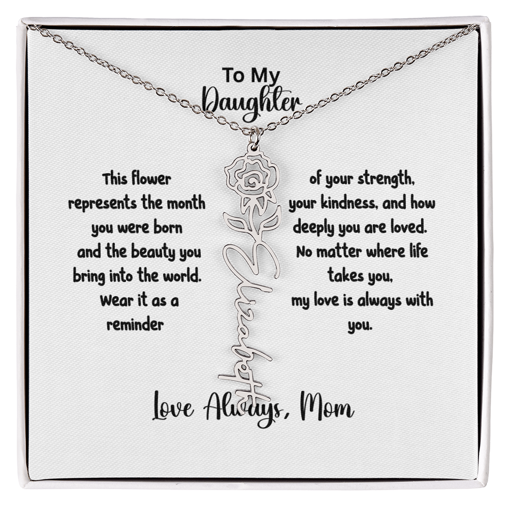 Personalized Birth Flower Name Necklace for Daughter | Custom Floral Jewelry Gift | Stainless Steel; 18K Gold | Made in USA