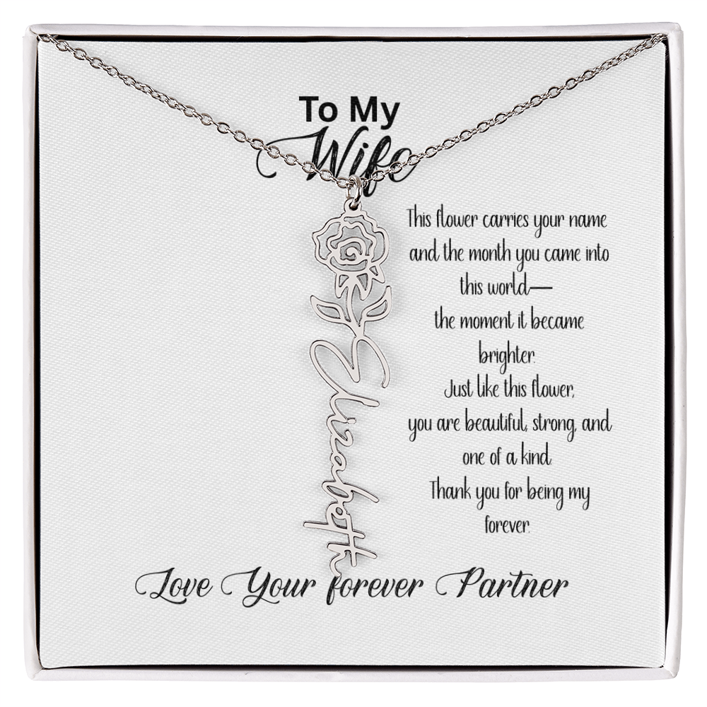 Personalized Birth Flower Name Necklace for Wife– Custom Floral Name Jewelry | Made in USA