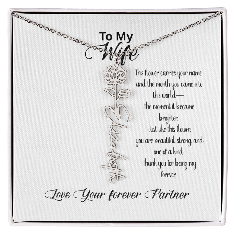 Personalized Birth Flower Name Necklace for Wife– Custom Floral Name Jewelry | Made in USA
