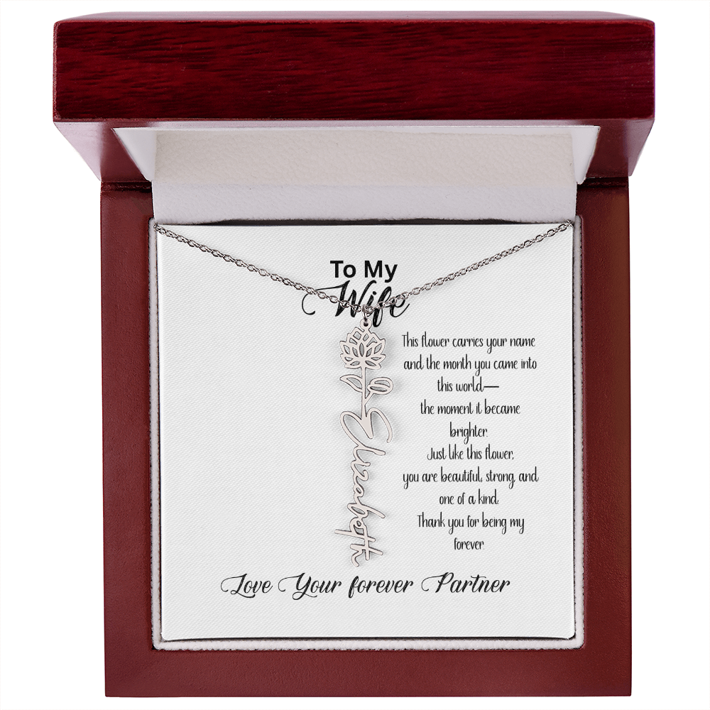 Personalized Birth Flower Name Necklace for Wife– Custom Floral Name Jewelry | Made in USA