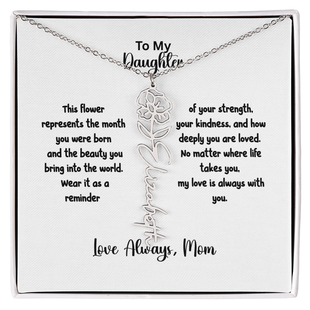 Personalized Birth Flower Name Necklace for Daughter | Custom Floral Jewelry Gift | Stainless Steel; 18K Gold | Made in USA