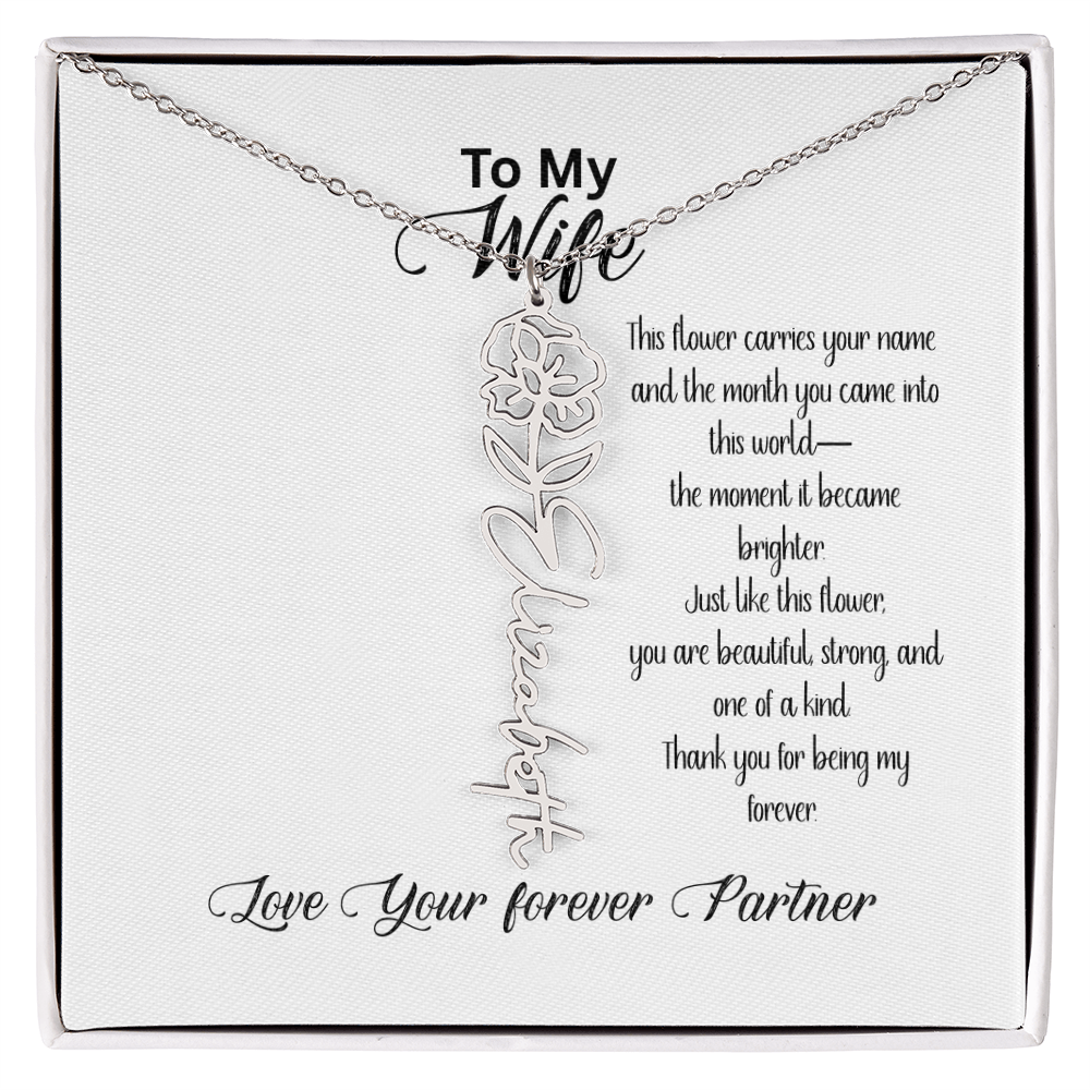Personalized Birth Flower Name Necklace for Wife– Custom Floral Name Jewelry | Made in USA
