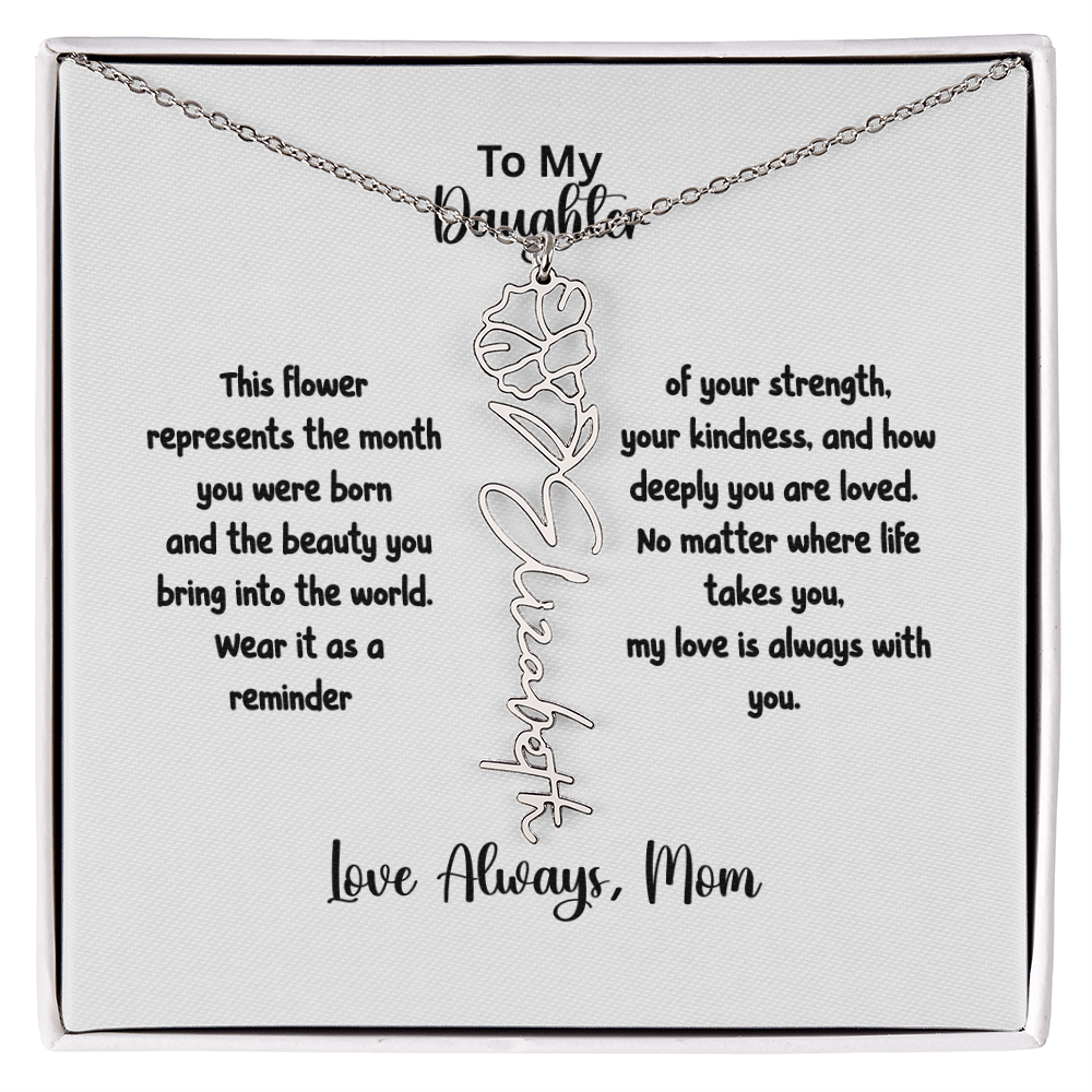 Personalized Birth Flower Name Necklace for Daughter | Custom Floral Jewelry Gift | Stainless Steel; 18K Gold | Made in USA