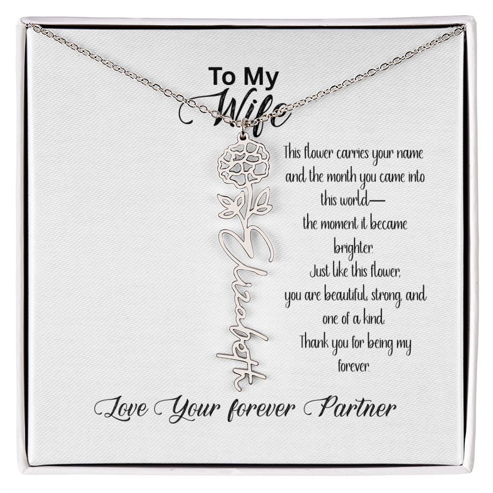 Personalized Birth Flower Name Necklace for Wife– Custom Floral Name Jewelry | Made in USA