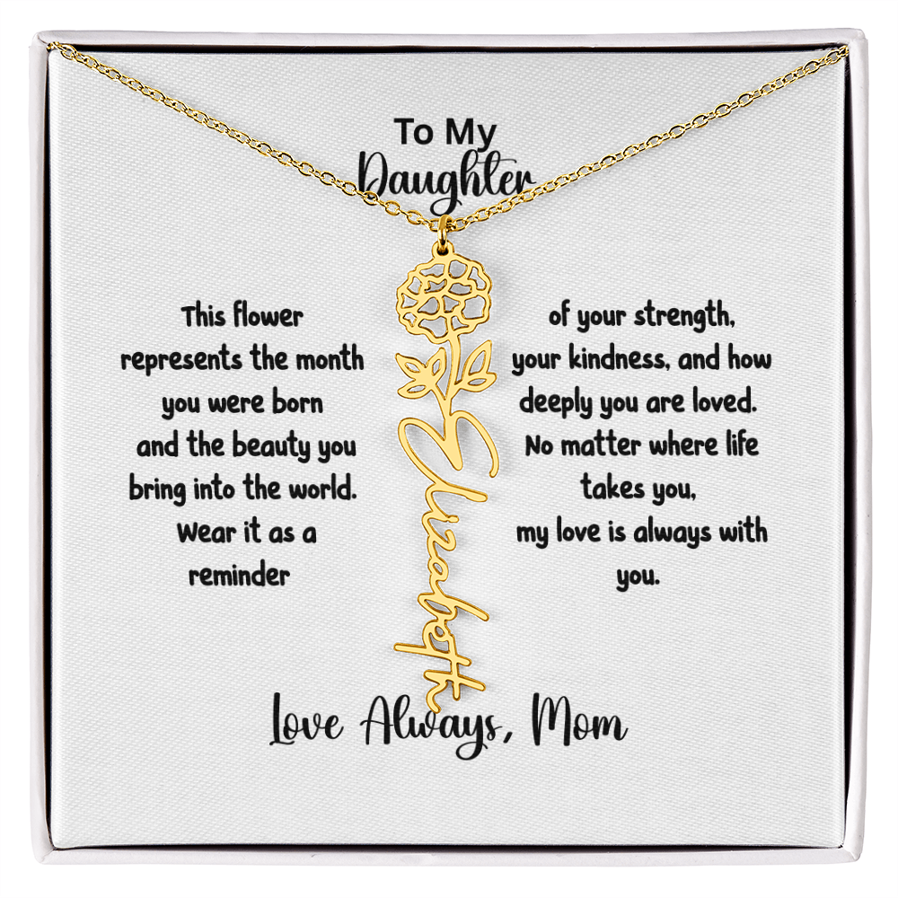 Personalized Birth Flower Name Necklace for Daughter | Custom Floral Jewelry Gift | Stainless Steel; 18K Gold | Made in USA