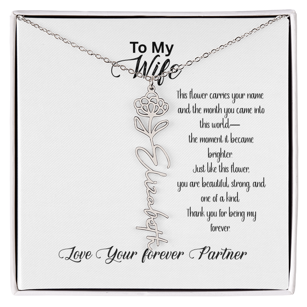 Personalized Birth Flower Name Necklace for Wife– Custom Floral Name Jewelry | Made in USA