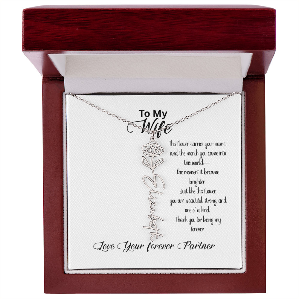 Personalized Birth Flower Name Necklace for Wife– Custom Floral Name Jewelry | Made in USA