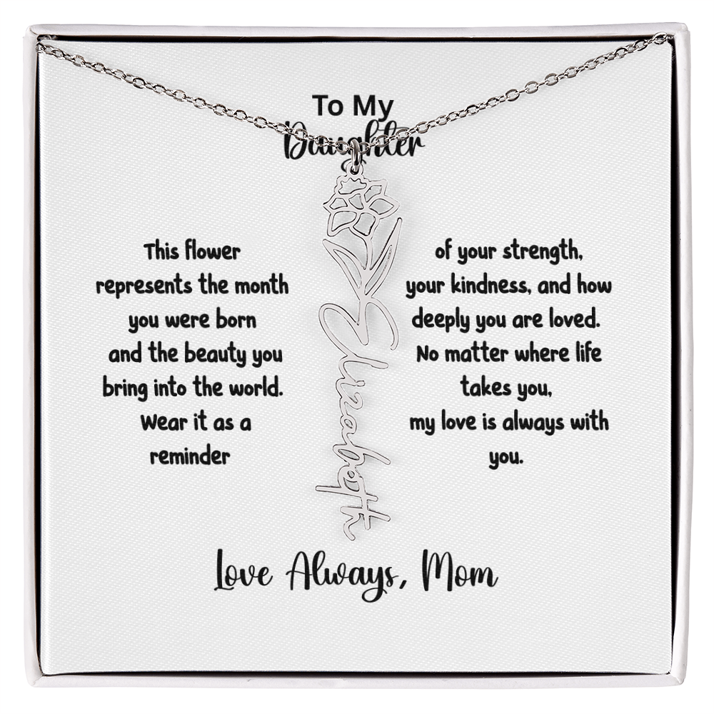 Personalized Birth Flower Name Necklace for Daughter | Custom Floral Jewelry Gift | Stainless Steel; 18K Gold | Made in USA