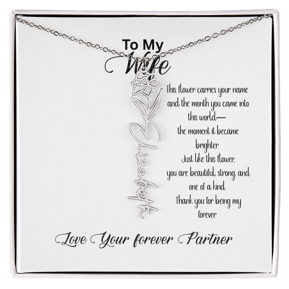 Personalized Birth Flower Name Necklace for Wife– Custom Floral Name Jewelry | Made in USA