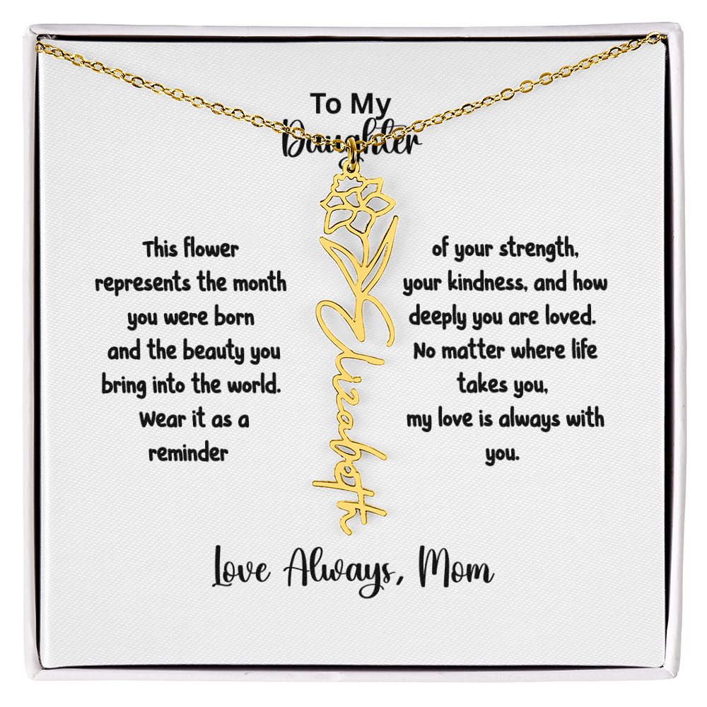 Personalized Birth Flower Name Necklace for Daughter | Custom Floral Jewelry Gift | Stainless Steel; 18K Gold | Made in USA
