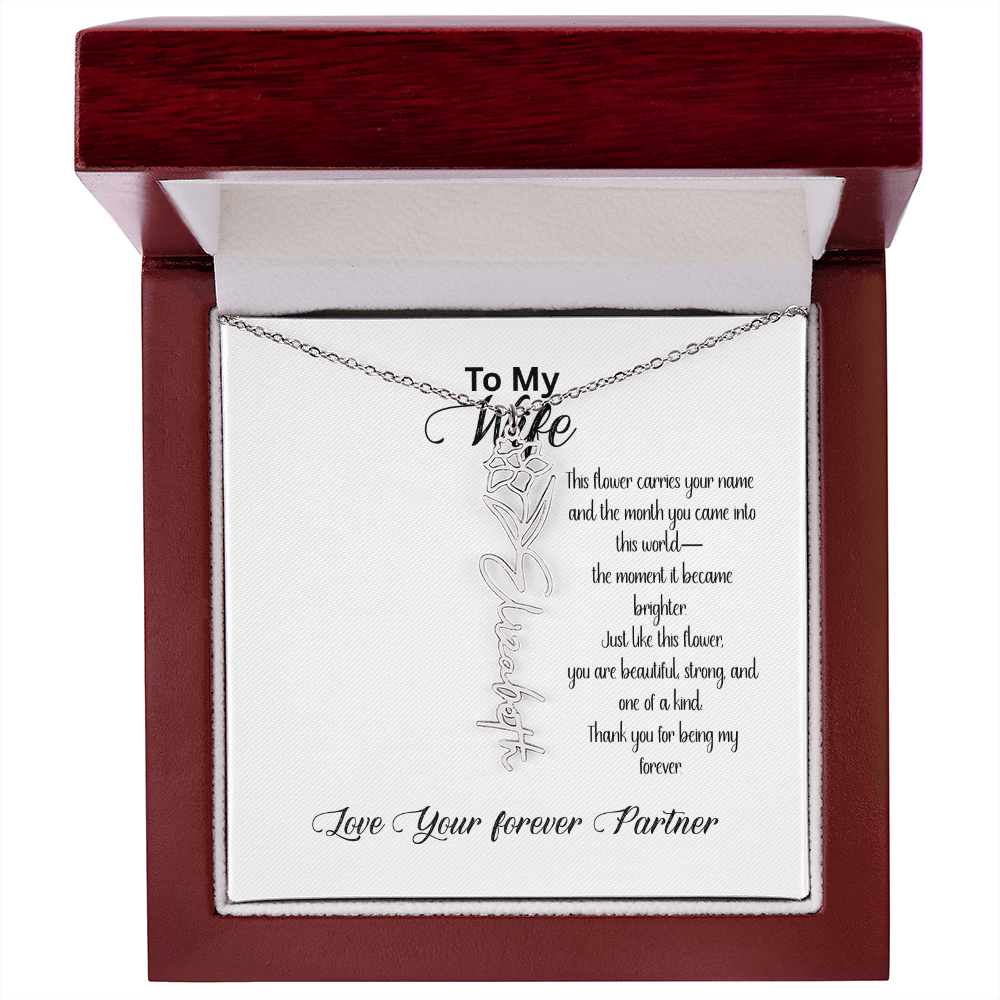 Personalized Birth Flower Name Necklace for Wife– Custom Floral Name Jewelry | Made in USA