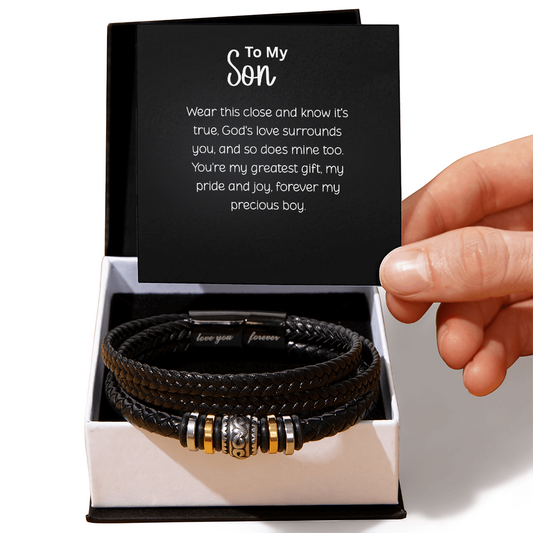 To My Son Love You Forever Bracelet - "Love You Forever" Engraved Gift with Inspirational Message Card - Multi-Strand Black Braided Vegan Leather