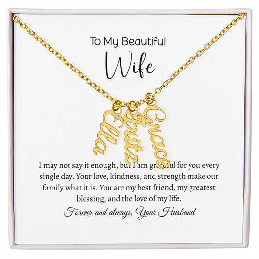 Personalized Vertical Name Necklace for Wife in Gold – Custom Name Jewelry Gift with Elegant Script Design
