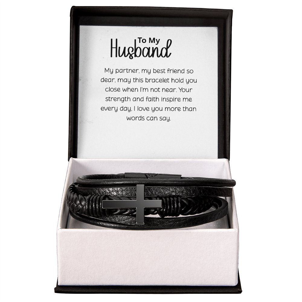 Men's Cross Leather Bracelet for Husband - Romantic Anniversary Gift with Love Message Card - Black Braided Vegan Leather - Christian Jewelry for Him