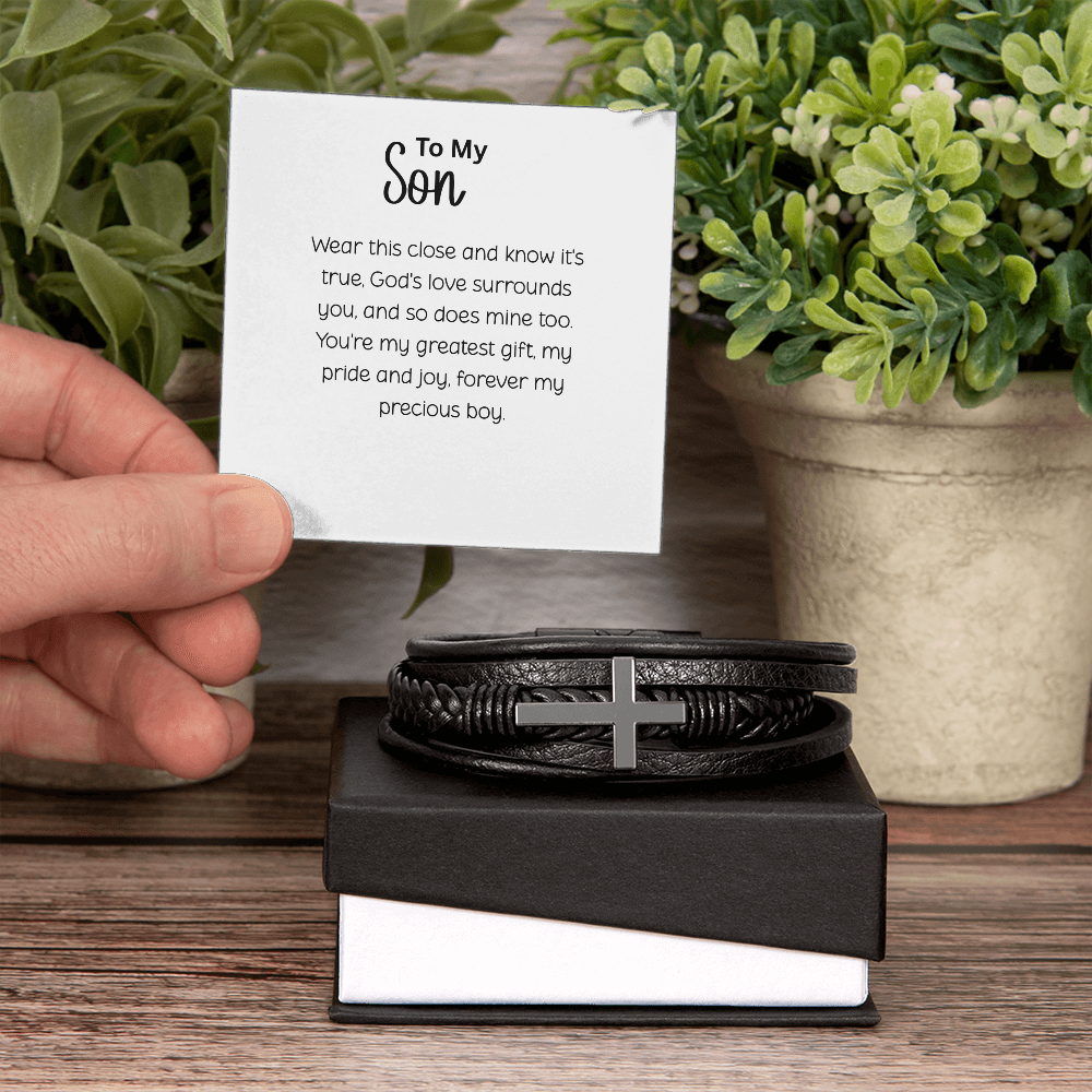 To My Son Cross Leather Bracelet - Religious Faith Gift with Inspirational Message Card - Black Braided Vegan Leather - Christian Jewelry for Men