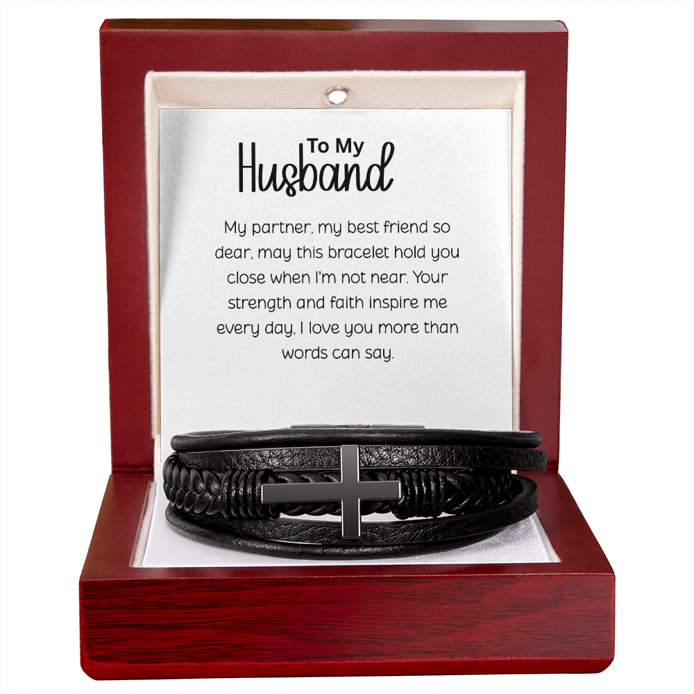 Men's Cross Leather Bracelet for Husband - Romantic Anniversary Gift with Love Message Card - Black Braided Vegan Leather - Christian Jewelry for Him