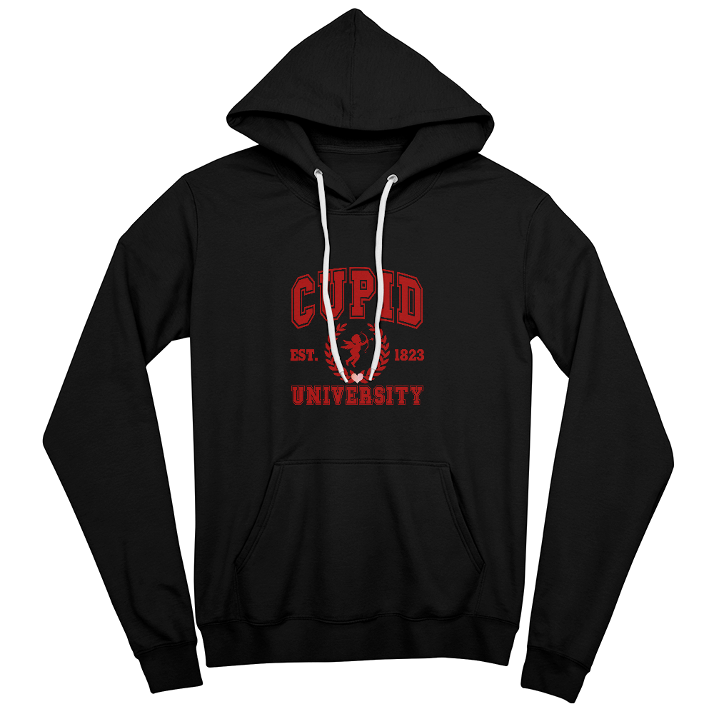 Cupid University Hoodie - Bella Canvas Black Pullover Fleece Sweatshirt - Premium Cotton Blend Unisex Hooded Sweatshirt with Pocket