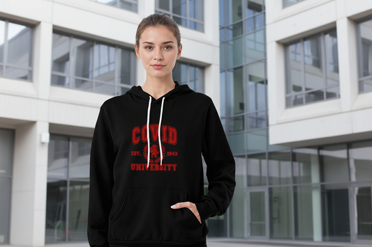 Black Bella Canvas 3719 pullover fleece hoodie featuring red "Cupid University EST. 1823" graphic with lion emblem, white drawstring, kangaroo pocket, modeled by woman in light blue jeans on white background