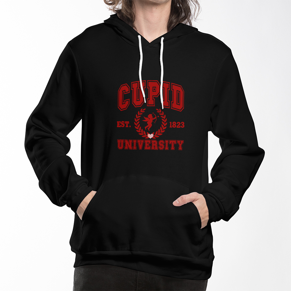 Cupid University Hoodie - Bella Canvas Black Pullover Fleece Sweatshirt - Premium Cotton Blend Unisex Hooded Sweatshirt with Pocket