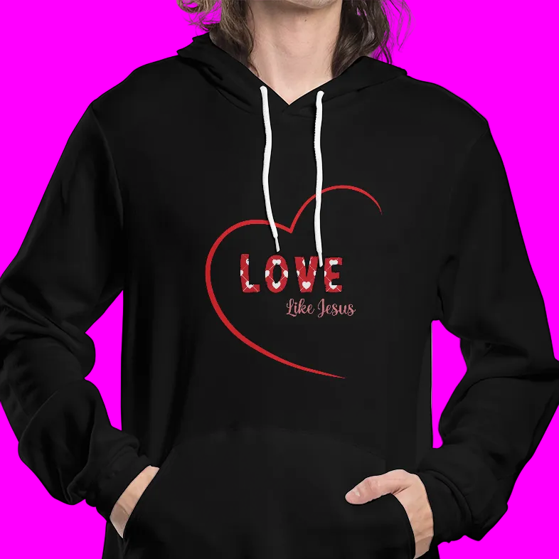 Black Bella Canvas 3719 pullover fleece hoodie featuring red heart outline with floral "LOVE like Jesus" text design, white drawstring and kangaroo pocket, modeled against vibrant pink background