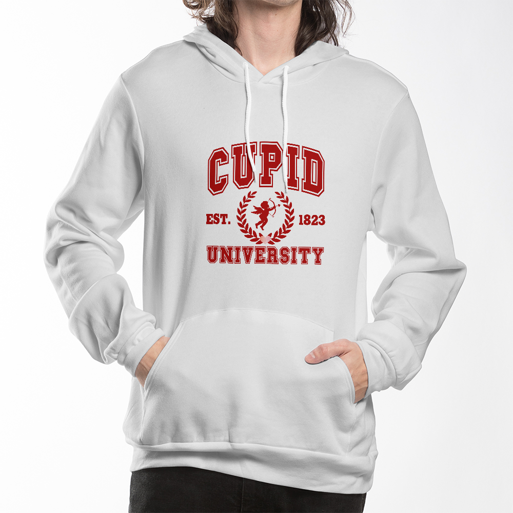 Cupid University Hoodie - Bella Canvas Black Pullover Fleece Sweatshirt - Premium Cotton Blend Unisex Hooded Sweatshirt with Pocket