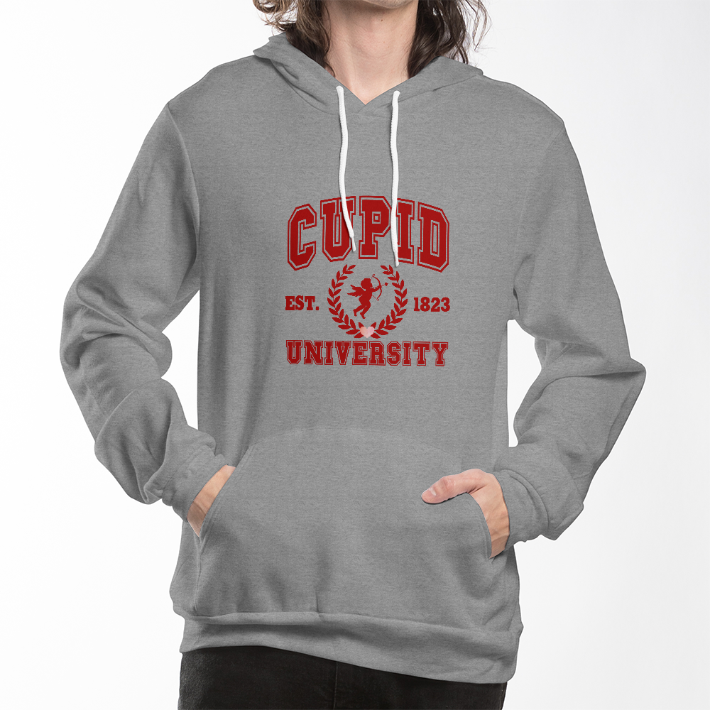 Cupid University Hoodie - Bella Canvas Black Pullover Fleece Sweatshirt - Premium Cotton Blend Unisex Hooded Sweatshirt with Pocket