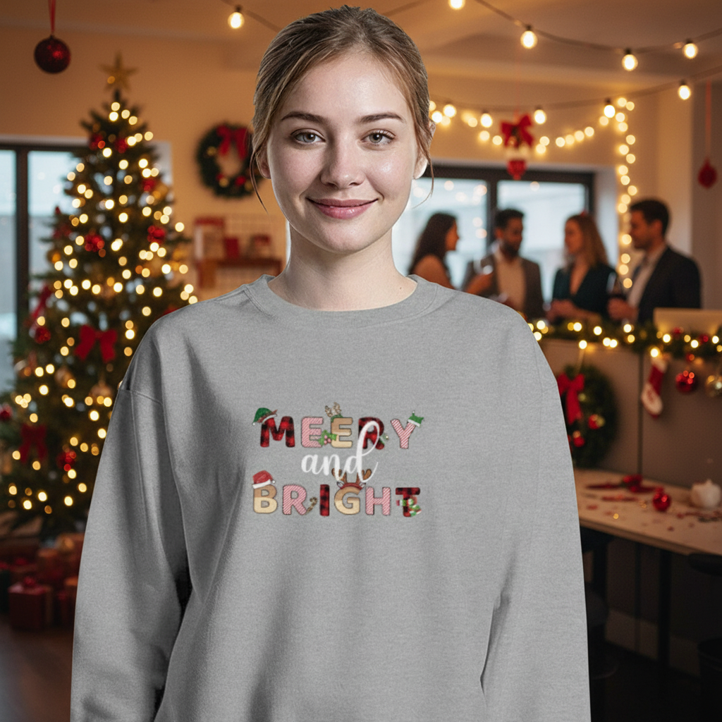 “Woman wearing a Bella + Canvas 3945 unisex crewneck sweatshirt with a festive ‘Merry and Bright’ Christmas design, standing in a cozy holiday-decorated room with Christmas lights and tree.”
