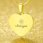 18K yellow gold engraved heart necklace pendant with i love you text and sign language hand gesture on adjustable snake chain against sparkling gold background